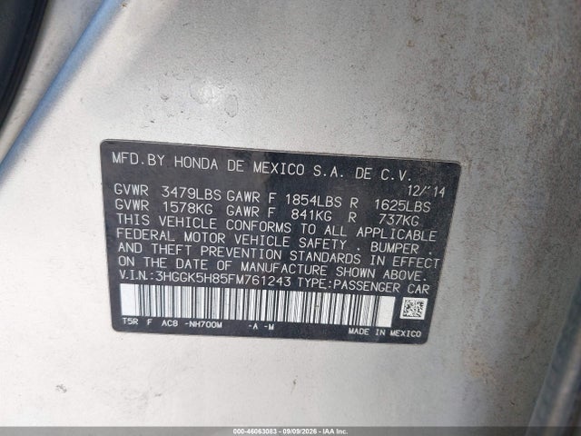 46063083 :رقم المزاد ، 3HGGK5H85FM761243 vin ، 2015 Honda Fit Ex/ex-l مزاد بيع
