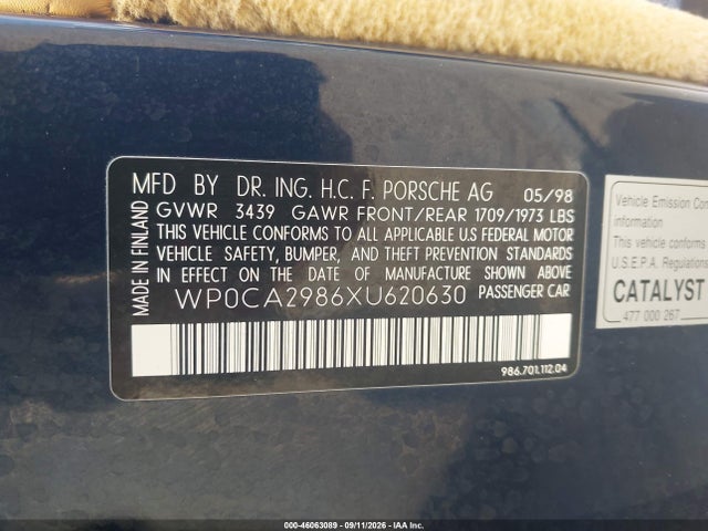 Aukcja sprzedaży 1999 Porsche Boxster, vin: WP0CA2986XU620630, numer aukcji: 46063089