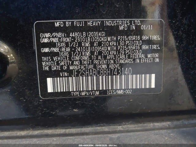 2011 Subaru Forester 2.5x მანქანა იყიდება აუქციონზე, vin: JF2SHABC8BH743140, აუქციონის ნომერი: 46063094