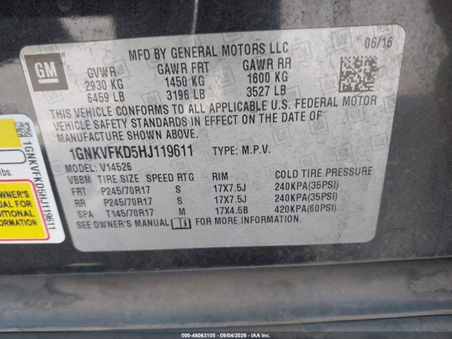 1GNKVFKD5HJ119611 Chevrolet Traverse Ls