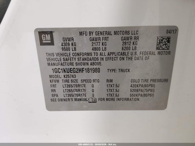 46063122 :رقم المزاد ، 1GC1KUEG2HF181980 vin ، 2017 Chevrolet Silverado 2500hd Wt مزاد بيع
