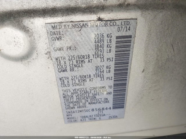Продаж на аукціоні авто 2014 Nissan Rogue Sl, vin: 5N1AT2MT5EC856844, номер лоту: 46063123