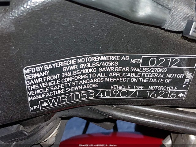 Продаж на аукціоні авто 2012 Bmw S 1000 Rr, vin: WB1053409CZL16216, номер лоту: 46063129