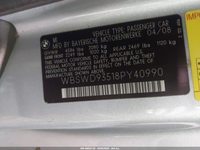 46063135 :رقم المزاد ، WBSWD93518PY40990 vin ، 2008 Bmw M3 مزاد بيع