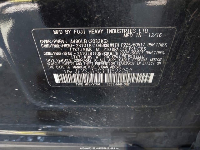Aukcja sprzedaży 2017 Subaru Forester 2.5i, vin: JF2SJABC3HH522252, numer aukcji: 46063137