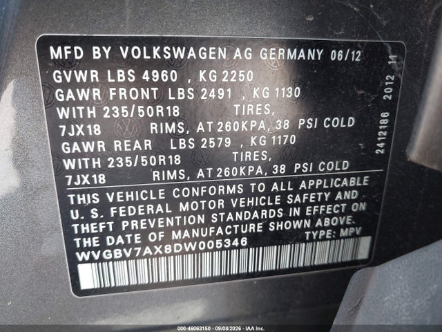 Aukcja sprzedaży 2013 Volkswagen Tiguan Se, vin: WVGBV7AX8DW005346, numer aukcji: 46063150