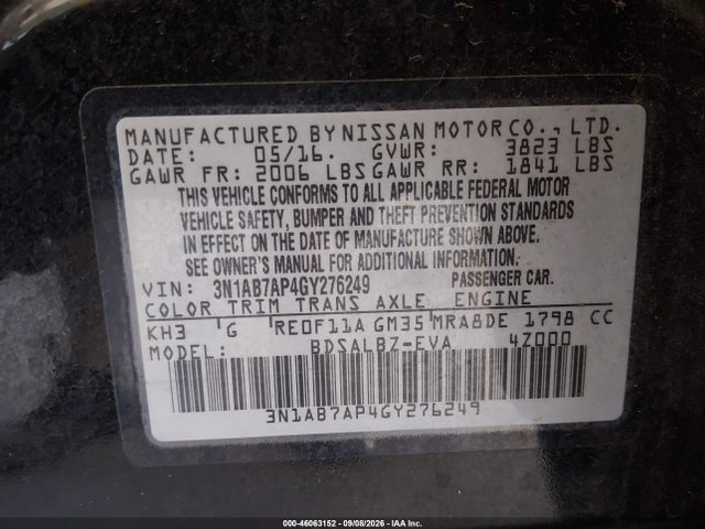 3N1AB7AP4GY276249 Nissan Sentra Fe+ S/s/sl/sr/sv