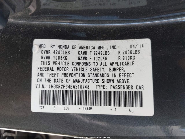 Honda ACCORD LX 2014 1HGCR2F34EA210748 Image 9