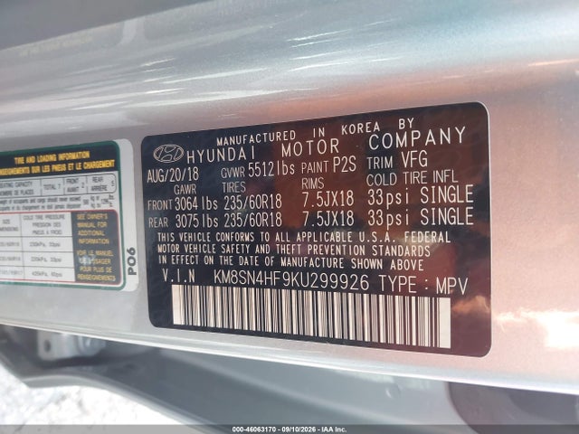Aukcja sprzedaży 2019 Hyundai Santa Fe Xl Se, vin: KM8SN4HF9KU299926, numer aukcji: 46063170