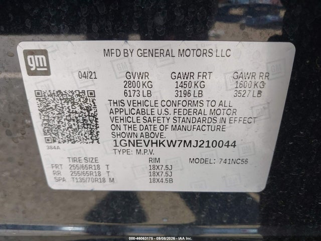 1GNEVHKW7MJ210044 Chevrolet Traverse Awd Lt Leather