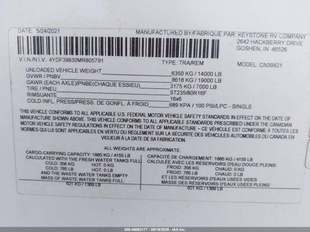Aukcja sprzedaży 2021 Keystone Carbon 398, vin: 4YDF39830MR805791, numer aukcji: 46063177
