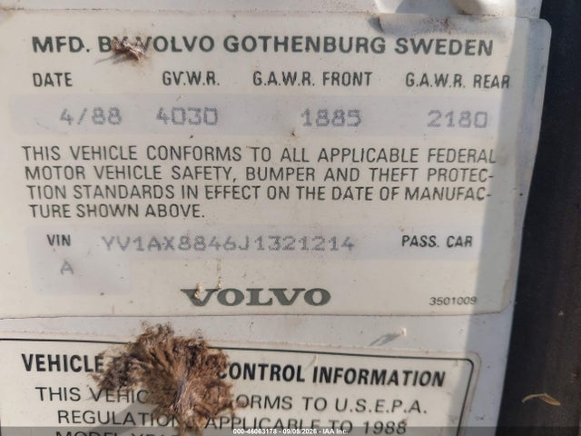 Aukcja sprzedaży 1988 Volvo 244 Dl/gl, vin: YV1AX8846J1321214, numer aukcji: 46063178