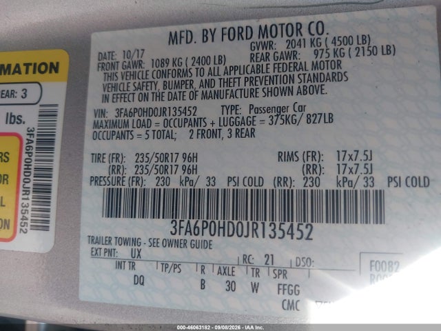 Продажа на аукционе авто 2018 Ford Fusion Se, vin: 3FA6P0HD0JR135452, номер лота: 46063182