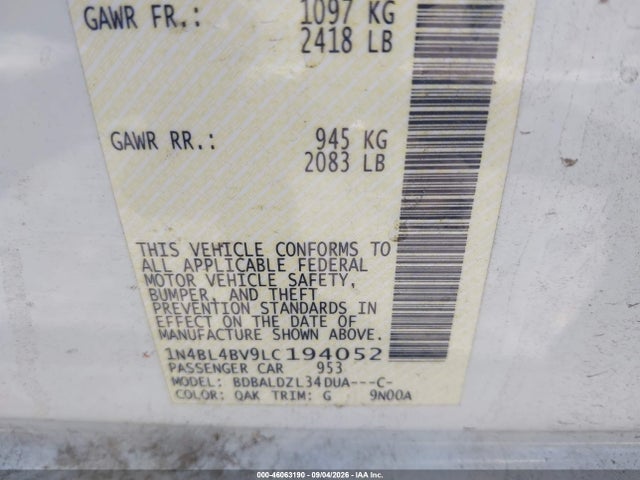 2020 Nissan Altima S Fwd მანქანა იყიდება აუქციონზე, vin: 1N4BL4BV9LC194052, აუქციონის ნომერი: 46063190