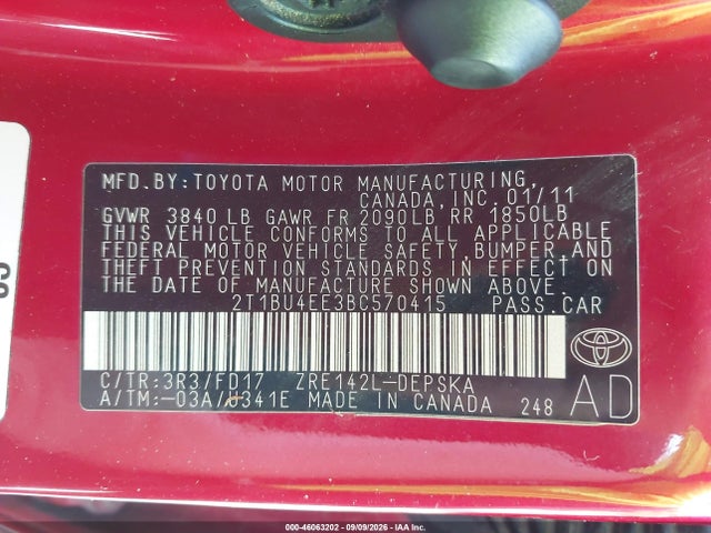 2011 Toyota Corolla S მანქანა იყიდება აუქციონზე, vin: 2T1BU4EE3BC570415, აუქციონის ნომერი: 46063202