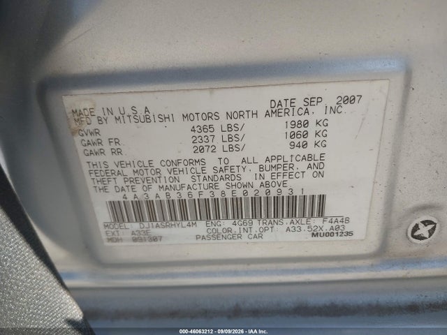 46063212 :رقم المزاد ، 4A3AB36F38E020931 vin ، 2008 Mitsubishi Galant Es مزاد بيع