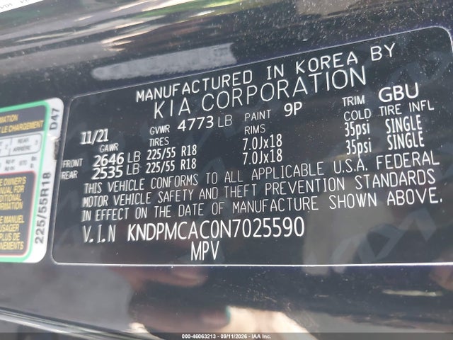 Aukcja sprzedaży 2022 Kia Sportage Lx, vin: KNDPMCAC0N7025590, numer aukcji: 46063213