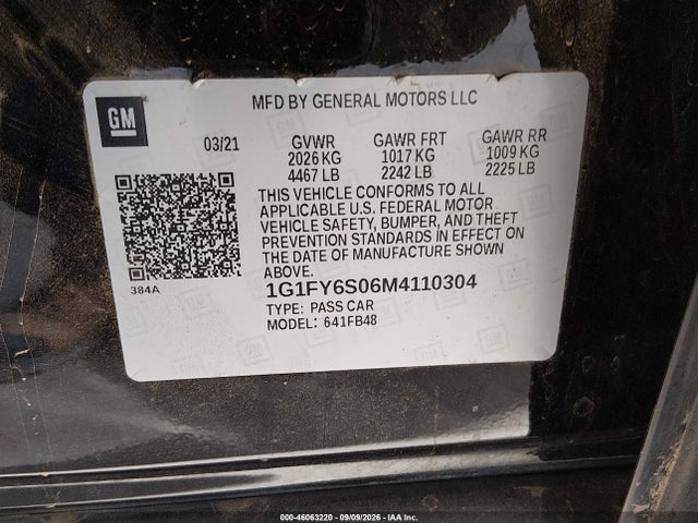 46063220 :رقم المزاد ، 1G1FY6S06M4110304 vin ، 2021 Chevrolet Bolt Ev Fwd Lt مزاد بيع