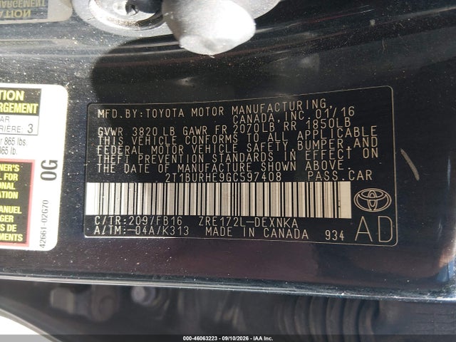 Продажа на аукционе авто 2016 Toyota Corolla Le, vin: 2T1BURHE9GC597408, номер лота: 46063223