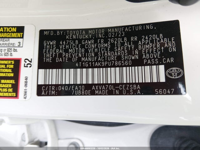 2023 Toyota Camry Se მანქანა იყიდება აუქციონზე, vin: 4T1G11AK9PU786560, აუქციონის ნომერი: 46063228