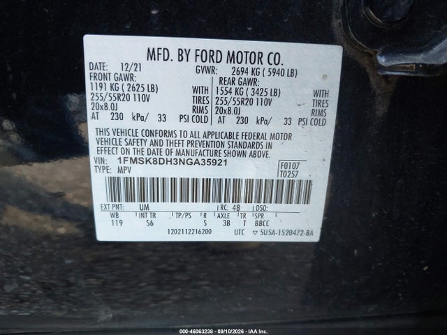2022 Ford Explorer Xlt მანქანა იყიდება აუქციონზე, vin: 1FMSK8DH3NGA35921, აუქციონის ნომერი: 46063238