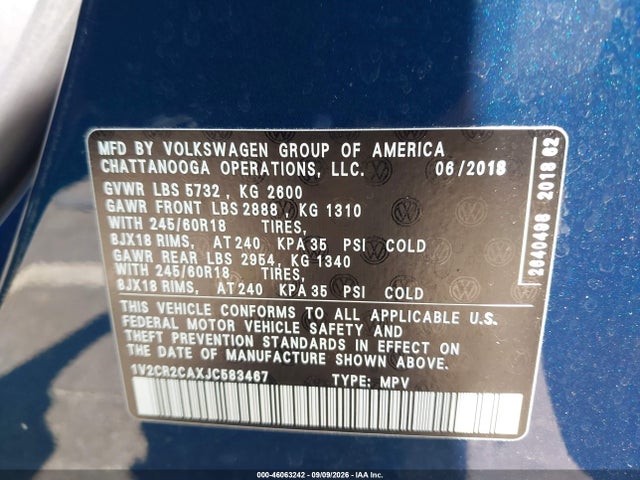 Aukcja sprzedaży 2018 Volkswagen Atlas 3.6l V6 Se, vin: 1V2CR2CAXJC583467, numer aukcji: 46063242