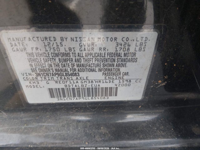 Продаж на аукціоні авто 2016 Nissan Versa 1.6 Sv, vin: 3N1CN7AP9GL854083, номер лоту: 46063255