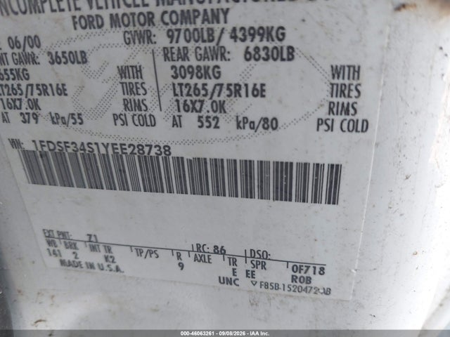 Aukcja sprzedaży 2000 Ford F350 Srw Super Duty, vin: 1FDSF34S1YEE28738, numer aukcji: 46063261