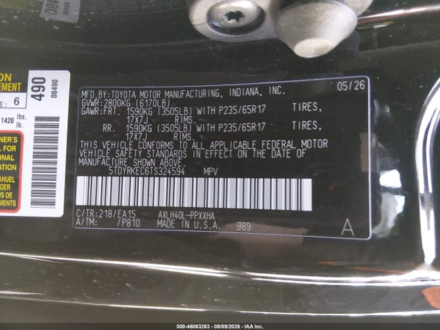 5TDYRKEC6TS324594 Toyota SIENNA XLE