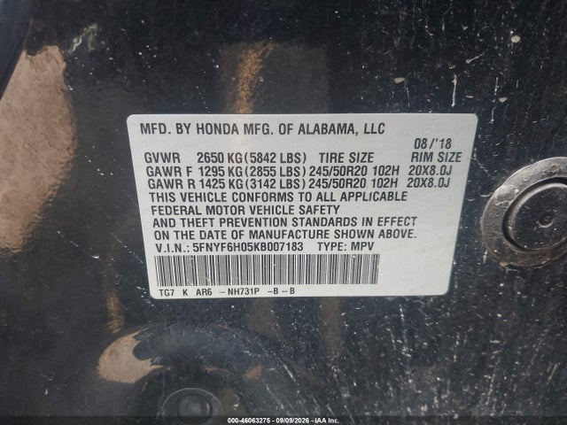 Aukcja sprzedaży 2019 Honda Pilot Elite, vin: 5FNYF6H05KB007183, numer aukcji: 46063275