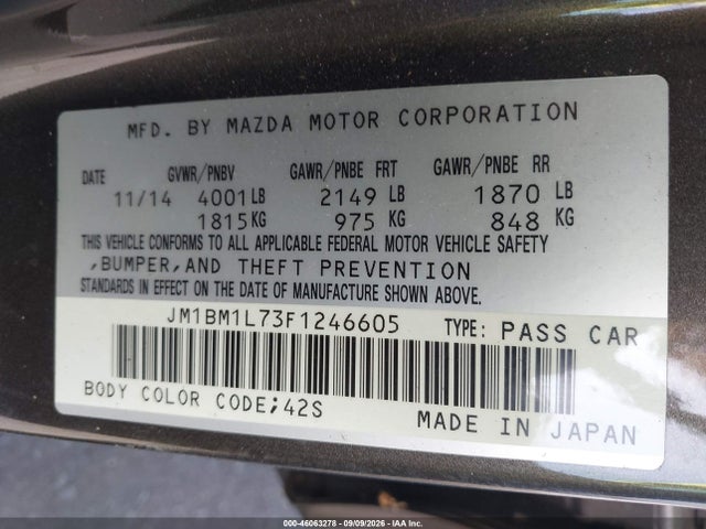 2015 Mazda Mazda3 I Touring მანქანა იყიდება აუქციონზე, vin: JM1BM1L73F1246605, აუქციონის ნომერი: 46063278