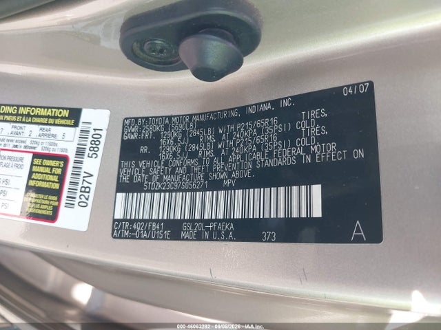 Продажа на аукционе авто 2007 Toyota Sienna Ce, vin: 5TDZK23C97S056271, номер лота: 46063282