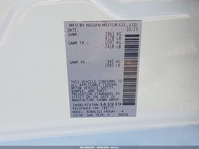 1N4BL4CV5RN343939 Nissan Altima Sr Fwd