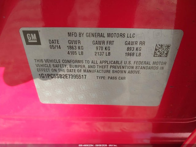 46063294 :رقم المزاد ، 1G1PC5SB2E7395517 vin ، 2014 Chevrolet Cruze 1lt Auto مزاد بيع