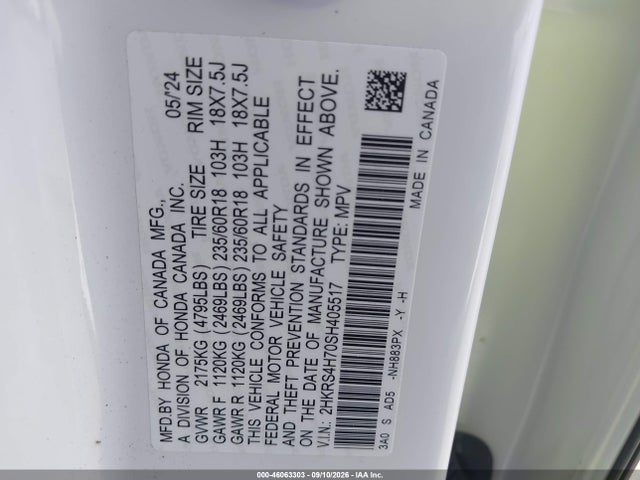Продаж на аукціоні авто 2025 Honda Cr-v Ex-l Awd, vin: 2HKRS4H70SH405517, номер лоту: 46063303