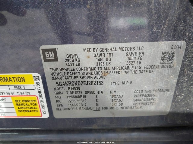 2014 Buick Enclave Premium მანქანა იყიდება აუქციონზე, vin: 5GAKRCKD2EJ262153, აუქციონის ნომერი: 46063308