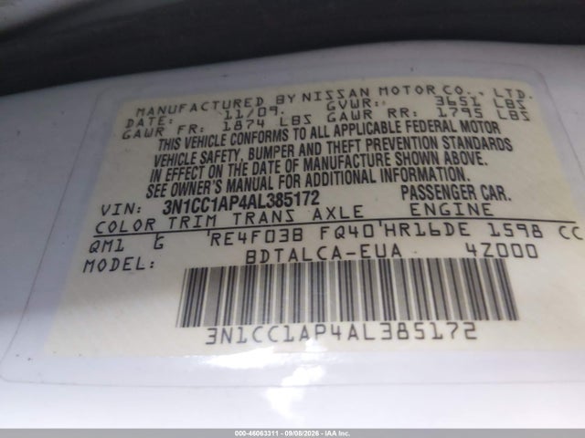 Aukcja sprzedaży 2010 Nissan Versa 1.6, vin: 3N1CC1AP4AL385172, numer aukcji: 46063311