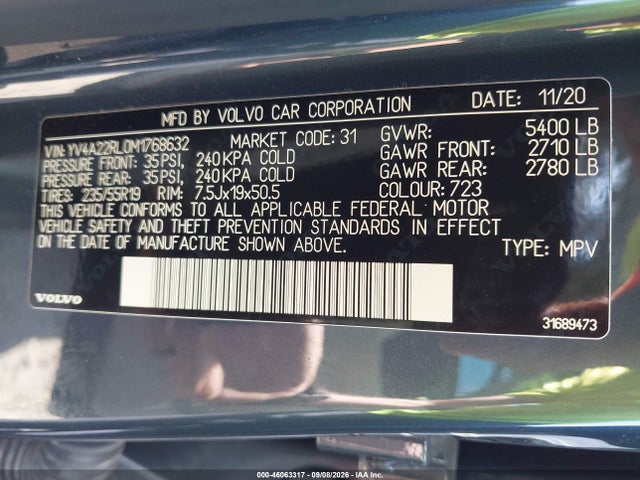 46063317 :رقم المزاد ، YV4A22RL0M1768632 vin ، 2021 Volvo Xc60 T6 Inscription مزاد بيع