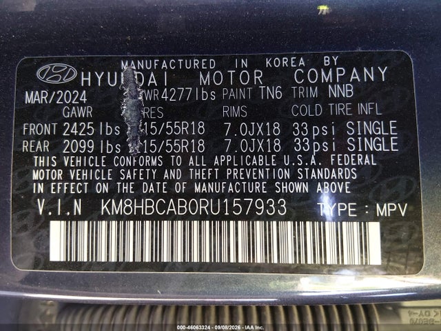 2024 Hyundai Kona Sel მანქანა იყიდება აუქციონზე, vin: KM8HBCAB0RU157933, აუქციონის ნომერი: 46063324