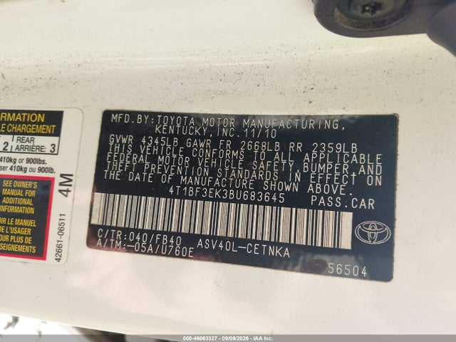 Продажа на аукционе авто 2011 Toyota Camry, vin: 4T1BF3EK3BU683645, номер лота: 46063327