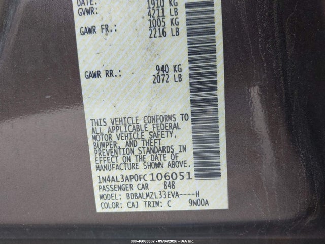 46063337 :رقم المزاد ، 1N4AL3AP0FC106051 vin ، 2015 Nissan Altima 2.5 Sv مزاد بيع