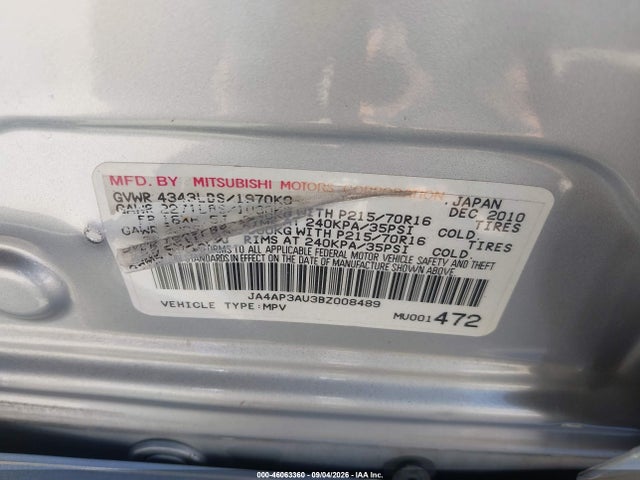 2011 Mitsubishi Outlander Sport Es მანქანა იყიდება აუქციონზე, vin: JA4AP3AU3BZ008489, აუქციონის ნომერი: 46063360