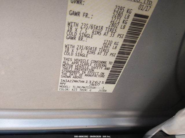 Продажа на аукционе авто 2017 Nissan Murano S, vin: 5N1AZ2MH7HN132625, номер лота: 46063362