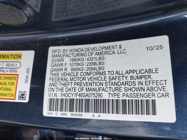 2025 Honda Accord Se მანქანა იყიდება აუქციონზე, vin: 1HGCY1F46SA075290, აუქციონის ნომერი: 46063383