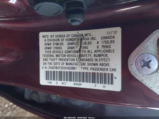 2013 Honda Civic Lx მანქანა იყიდება აუქციონზე, vin: 2HGFB2F52DH503891, აუქციონის ნომერი: 46063405