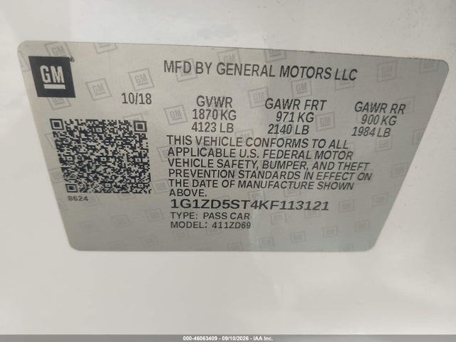 Aukcja sprzedaży 2019 Chevrolet Malibu Lt, vin: 1G1ZD5ST4KF113121, numer aukcji: 46063409