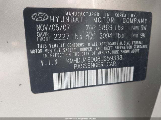 Продаж на аукціоні авто 2008 Hyundai Elantra Gls/se, vin: KMHDU46D08U359338, номер лоту: 46063418