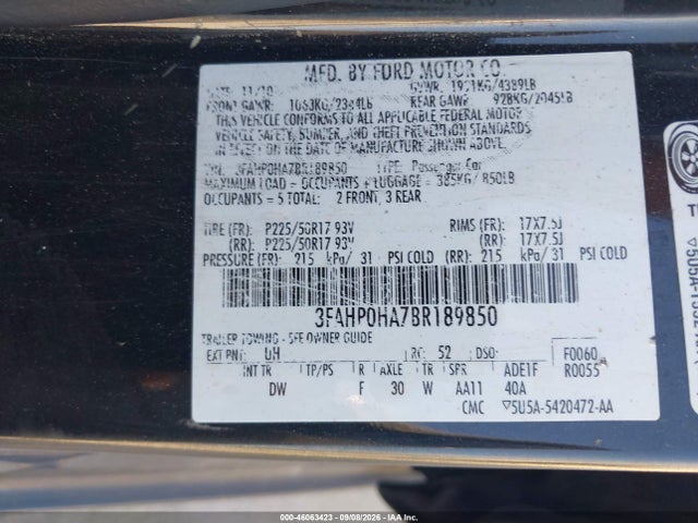 Продаж на аукціоні авто 2011 Ford Fusion Se, vin: 3FAHP0HA7BR189850, номер лоту: 46063423