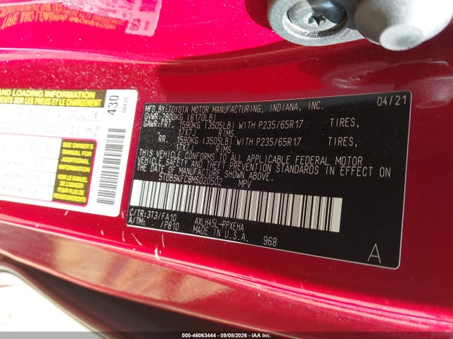 Aukcja sprzedaży 2021 Toyota Sienna Le, vin: 5TDBSKFC8MS020502, numer aukcji: 46063444