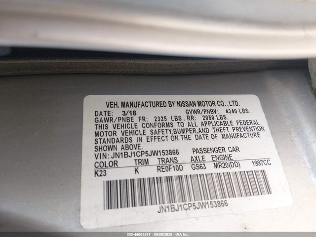 46063467 :رقم المزاد ، JN1BJ1CP5JW153866 vin ، 2018 Nissan Rogue Sport Sv مزاد بيع